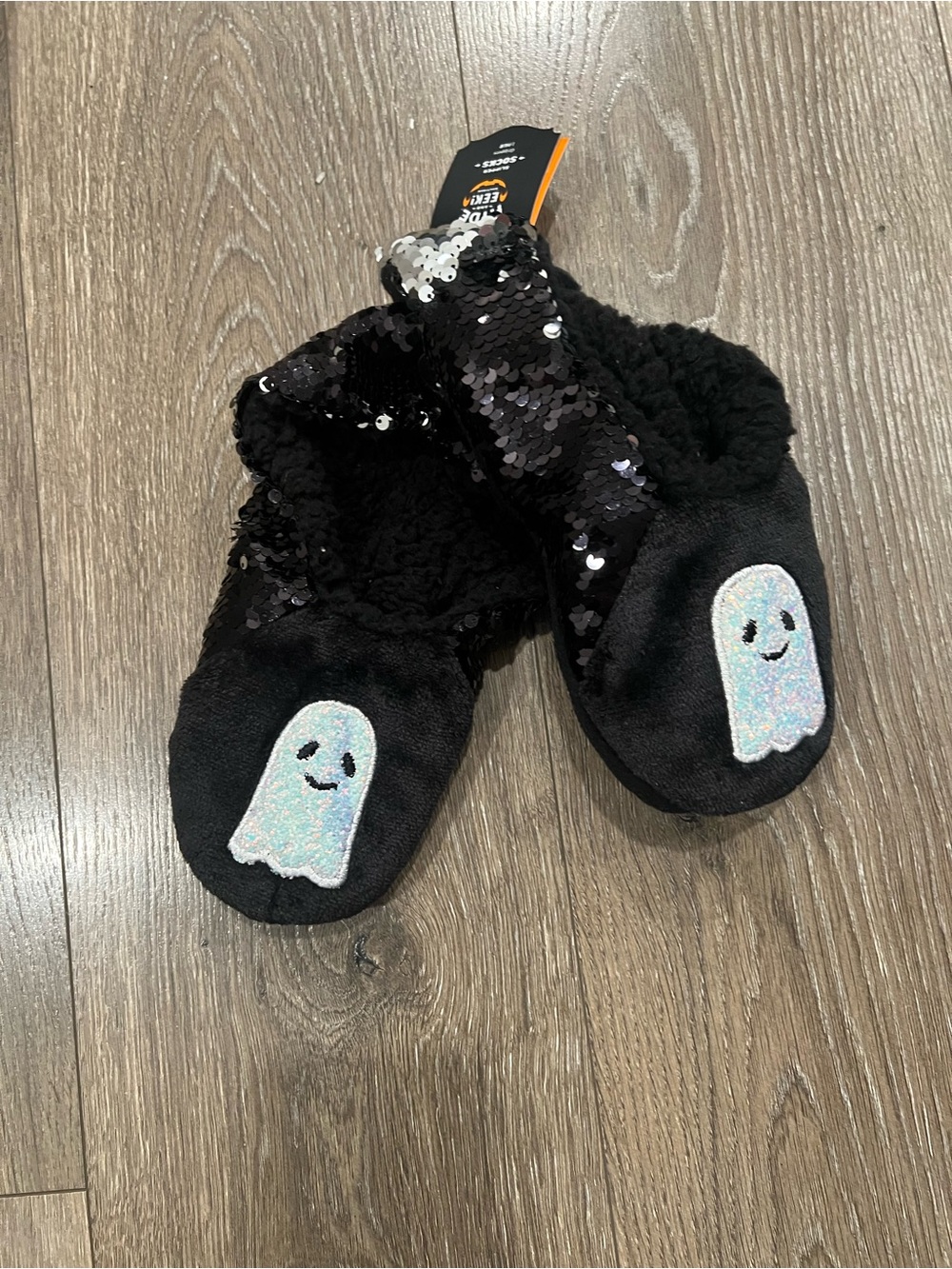 Black Sequin Ghost Slippers - Cozy Plush Indoor Footwear